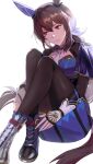  1girl admire_vega_(starry_nocturne)_(umamusume) admire_vega_(umamusume) animal_ears asymmetrical_footwear blue_capelet blue_dress bodice breasts brown_hair brown_pantyhose capelet closed_mouth commentary_request dress ear_covers gloves hair_between_eyes highres horse_ears horse_girl horse_tail knees_up long_hair long_sleeves low_ponytail mismatched_footwear necktie pantyhose ponytail purple_eyes simple_background single_ear_cover solo tail toryo_(yukhop_961) umamusume white_background white_necktie 
