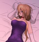  adapted_costume akiyama_cz4a bangs bed bed_sheet blonde_hair blush breasts choker cleavage dark dress ears elbow_gloves gloves hair_over_one_eye hair_up highres large_breasts lips long_hair looking_at_viewer lying mole mole_under_eye on_back pillow purple_dress purple_eyes seductive_smile smile solo taut_clothes taut_dress touhou very_long_hair white_gloves yakumo_yukari 