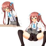  arm_warmers asagumo_(kantai_collection) blush brown_hair crotch_rub drooling faubynet grey_skirt hair_ribbon highres kantai_collection long_hair masturbation masturbation_through_clothing open_mouth pleated_skirt pussy_juice pussy_juice_trail ribbon school_uniform skirt solo suspenders table_sex twintails 