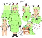  2girls ^^^ black_panties blunt_bangs blunt_ends blush_stickers bra breasts brown_eyes cactus_girl character_name cleavage coat down_coat drooling english_text full_body green_bra green_coat green_hair hands_on_own_hips hood hood_down hooded_coat horns inkerton-kun jitome large_breasts leaf leaf_on_head long_sleeves looking_at_viewer monster_girl multiple_girls multiple_views no_sclera open_mouth orange_hair original panties percci_(inkerton-kun) pito_(inkerton-kun) plant_girl plant_on_head reference_sheet short_hair smelling smile solo_focus speech_bubble standing twintails underwear undressing unzipping v-shaped_eyebrows 