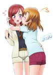  blush breast_press breasts casual closed_eyes eyewear_around_neck eyewear_hang hug imminent_kiss kousaka_honoka kuri_youkan looking_at_another love_live! love_live!_school_idol_project multiple_girls nishikino_maki one_side_up open_mouth orange_hair purple_eyes red_hair short_hair shorts smile tongue tongue_out 