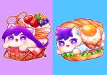  animalization blue_background bright_pupils cat commentary_request dog food fried_egg fruit grapes hero_(faraway)_(omori) hero_(omori) highres long_hair looking_at_viewer mapa_(wqgrkt_krbko) mari_(headspace)_(omori) mari_(omori) neckerchief no_humans omori open_mouth outline picnic_basket purple_background purple_eyes purple_hair red_neckerchief romaji_commentary sandwich short_hair simple_background smile something_(omori) strawberry white_outline white_pupils 