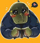2025 anthro black_clothing black_footwear black_necktie black_shoes blue_bottomwear blue_clothing blue_pants blue_shirt blue_topwear bottomwear chibi clothed clothed_anthro clothed_male clothing crocodilian digital_drawing_(artwork) digital_media_(artwork) english_text footwear front_view fully_clothed fully_clothed_anthro fully_clothed_male green_body heart_symbol hi_res high-angle_view index_to_index koda_(teseirei) looking_at_viewer looking_up looking_up_at_viewer male motion_lines necktie orange_background pants pleading_eyes reptile rosy_cheeks scalie shirt shoes simple_background solo sparkles sparkling_eyes teseirei text topwear