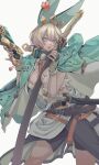  1girl ahoge animal_ears aqua_eyes arm_out_of_sleeve bandeau belt black_belt blonde_hair bob_cut breasts chain choker cleavage cosplay elphelt_valentine fake_animal_ears fingerless_gloves gauss_<bokashi gloves green_choker green_hairband green_jacket guilty_gear guilty_gear_strive gun hairband highres holding holding_gun holding_sword holding_weapon huge_weapon jacket jacket_on_shoulders large_breasts looking_at_viewer midriff multiple_belts nagoriyuki nagoriyuki_(cosplay) ootachi open_clothes open_jacket open_mouth scabbard sheath shirt short_hair single-shoulder_shirt solo stomach strapless sword teeth torn_clothes torn_shirt wakizashi weapon white_gloves white_hair yoga_shorts 