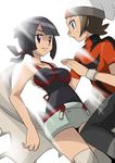  1boy 1girl black_hair blue_eyes brown_hair hainchu higana_(pokemon) nintendo pokemon red_eyes simple_background yuuki_(pokemon) 