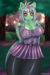  anthro big_breasts breasts digital_media_(artwork) equine eyes_closed fan_character female fur green_fur hair hi_res horn l long_hair mammal my_little_pony sixpathoffriendship solo text unicorn 