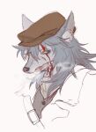  1boy animal_ears blood blood_on_face blue_eyes brown_hat commentary_request fangs fate/grand_order fate_(series) furry furry_male grey_fur grey_hair hat highres long_hair looking_at_viewer male_focus mimulishizi open_mouth patxi_(fate) white_background wolf_boy wolf_ears 
