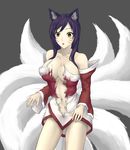  ahri animal_ears bare_shoulders black_hair breasts cleavage facial_mark fox_ears fox_girl fox_tail highres korean_clothes large_breasts league_of_legends mr_yah multiple_tails navel open_mouth solo surprised tail tearing_clothes torn_clothes wardrobe_malfunction whisker_markings yellow_eyes 