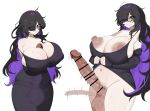  1girl absurdres afterimage armpit_crease autopaizuri autopaizuri_under_clothes bar_censor black-framed_eyewear black_cardigan black_dress black_hair blush bouncing_penis breasts breasts_squeezed_together bulge cardigan censored cleavage clothes_lift colored_inner_hair commentary covered_nipples covered_testicles dark_nipples dress dress_lift drooling english_commentary erection erection_under_clothes female_pubic_hair flashing futanari gigantic_breasts glasses goddess_of_victory:_nikke hair_over_one_eye highres huge_breasts huge_penis huge_testicles label_(nikke) large_areolae large_breasts large_penis large_testicles long_hair looking_at_penis looking_at_viewer masturbation mojyo mole mole_on_breast mouth_drool multicolored_hair multiple_views nervous_smile nipple_slip nipples paizuri paizuri_under_clothes pale_skin penis penis_awe penis_peek pointless_censoring presenting_penis pubic_hair puffy_nipples purple_eyes purple_hair sagging_testicles sideboob skindentation smile solo strap_slip sweat taut_clothes taut_dress testicles teta39 thick_thighs thighs two-tone_hair veins veiny_penis very_sweaty 