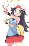  1girl bag black_eyes black_hair blue_(pokemon) breasts creatures_(company) game_freak hat ixy long_hair looking_at_viewer medium_breasts nintendo open_mouth pokemon pokemon_(game) pokemon_frlg red_skirt simple_background skirt sleeveless solo white_background white_hat 