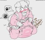 2024 4_fingers absurd_res ambiguous_gender anthro blush blush_lines bodily_fluids booties canid canine canis clean_diaper clothed clothing clothing_grab clothing_pull diaper diaper_under_clothing domestic_dog dress dress_pull fingers floppy_ears flying_sweatdrops footwear frilly frilly_clothing frilly_dress full-length_portrait hair hi_res high-angle_view imminent_feces interrobang kneeling lock_symbol ludis-luteo male_(lore) mammal offscreen_character onesie open_mouth panicking pink_clothing pink_dress portrait rumbling_stomach signature simple_background snapsuit solo sound_effects speech_bubble spiral spiral_eyes sweat sweatdrop tail teeth text url vowelless vowelless_sound_effect wearing_diaper white_background