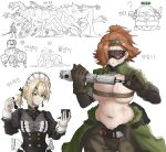  3girls balthilde_(girls'_frontline_2) blonde_hair breasts burger creature dinergate_(girls'_frontline) elid_(girls'_frontline) food girls'_frontline girls'_frontline_2:_exilium green_eyes highres maid monster multiple_girls orange_hair red_eyes robot sabrina_(girls'_frontline_2) sextans_(girls'_frontline_2) spas-12_(girls'_frontline) tagme user_xmfv3428 