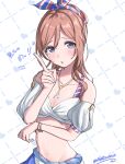  1girl :o absurdres arm_garter blue_eyes blush breasts brown_hair cleavage collarbone commentary_request gakuen_idolmaster highres himesaki_rinami idolmaster jewelry kimi_to_semi_blue_(idolmaster) long_hair looking_at_viewer medium_breasts navel necklace official_alternate_costume shignonpencil solo translation_request twitter_username 