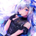  1girl absurdres amane_kanata amane_kanata_(work) asymmetrical_bangs asymmetrical_hair bare_shoulders black_dress black_gloves black_ribbon blue_hair blush bow choker closed_mouth colored_inner_hair commentary_request company_name dress feathered_wings frilled_dress frills gloves gradient_wings grey_hair hair_between_eyes hair_bow hair_ornament hair_over_one_eye hairclip halo highres hololive jewelry long_hair looking_at_viewer mikannsisyou multicolored_hair multicolored_wings necklace official_alternate_costume official_alternate_hair_length official_alternate_hairstyle pink_hair pleated_dress purple_eyes ribbon ribbon_choker single_hair_intake sleeveless sleeveless_dress smile solo star_(symbol) star_halo star_necklace streaked_hair two_side_up virtual_youtuber wings 