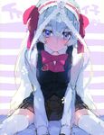  alternate_costume blush bow chaika_trabant hair_between_eyes hair_bow hairband highres hitsugi_no_chaika long_hair looking_at_viewer namaniku_atk purple_eyes sitting skirt smile solo thighhighs white_hair white_legwear 