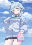  1girl ahoge alternate_costume bandaid bandaid_hair_ornament black_choker black_sailor_collar black_skirt blue_bow blue_bowtie blue_cardigan blue_eyes blue_hair blunt_bangs bow bowtie box braid cardigan chain-link_fence choker cloud cloudy_sky commentary contrapposto cowboy_shot day fence gift gift_box hair_bow hair_flaps hair_intakes hair_ornament highres holding holding_gift hololive hololive_dev_is incoming_gift kiina_(mrnsor) light_blush lightning_ahoge long_sleeves looking_at_viewer low_twin_braids mizumiya_su multicolored_hair o-ring o-ring_choker outdoors parted_lips pink_streaks pleated_skirt puffy_sleeves sailor_collar school_uniform skirt sky solo streaked_hair twin_braids two-tone_hair virtual_youtuber 