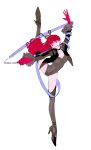  1girl absurdres biting black_boots black_jacket black_leotard black_ribbon boots breasts chain_belt cleavage coattails collarbone commentary_request cropped_jacket floating_hair full_body gloves hair_ribbon highleg highleg_leotard highres jacket leg_lift legs leotard long_hair long_sword looking_at_viewer medium_breasts monochrome persona persona_5 persona_5_the_royal red_eyes red_hair ribbon ribbon_baton sg_(sallgam) sheath solo split spot_color standing standing_on_one_leg standing_split tailcoat teeth thigh_boots thighhighs thighs upper_teeth_only violet_(persona_5) yoshizawa_kasumi 