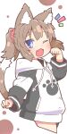 1girl ;d animal_ear_fluff animal_ears black_hoodie blue_eyes blush brown_hair cat_ears cat_girl cat_tail commentary_request cropped_legs drawstring fang hand_up highres hood hood_down hoodie long_sleeves looking_at_viewer nomeoil notice_lines one_eye_closed open_mouth original ponytail short_hair simple_background smile solo tail two-tone_hoodie white_background white_hoodie 
