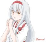  1girl brown_eyes emuwai grey_hair hairband hashtag-only_commentary japanese_clothes kantai_collection kimono long_hair one-hour_drawing_challenge own_hands_clasped own_hands_together parted_lips red_hairband shoukaku_(kancolle) simple_background solo tasuki twitter_username upper_body white_background white_kimono 