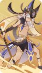  1boy ancient_egyptian_clothes animal_ears animal_hat bad_source belt black_choker black_gloves black_hat black_ribbon black_shirt black_shorts choker closed_mouth crop_top cyno_(genshin_impact) dark-skinned_male dark_skin desert expressionless fake_animal_ears fingerless_gloves genius_invokation_tcg_(style) genshin_impact gloves gold_trim hair_over_one_eye hat hat_ribbon holding holding_polearm holding_weapon jackal_ears long_hair looking_at_viewer male_focus official_art one_eye_covered outdoors parted_bangs pelvic_curtain polearm red_eyes ribbon sand sandstorm shirt short_shorts short_sleeves shorts solo staff_of_the_scarlet_sands_(genshin_impact) standing swept_bangs usekh_collar weapon white_hair 