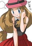 :t adjusting_hair blue_eyes blush brown_hair frown hainchu hair_tucking long_hair pokemon pokemon_(anime) pokemon_xy_(anime) pout serena_(pokemon) solo 