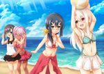  :d ;o armpits arms_up bare_shoulders beach bikini black_hair blonde_hair blue_sky blush brown_hair chloe_von_einzbern cloud covered_navel dark_skin day fate/kaleid_liner_prisma_illya fate_(series) front-tie_top horizon illyasviel_von_einzbern katsura_mimi light_rays long_hair looking_back midriff miyu_edelfelt morokoshi_(tekku) multiple_girls navel ocean one_eye_closed open_mouth outdoors purple_hair red_eyes red_skirt round_teeth sand shirt skirt sky sleeveless sleeveless_shirt smile standing sunlight swimsuit teeth water wavy_mouth white_shirt wince yellow_eyes yuri 