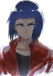  blue_eyes blue_hair ghost_in_the_shell ghost_in_the_shell_arise isshiki_(ffmania7) jacket kusanagi_motoko looking_at_viewer short_hair short_messy_bangs simple_background solo upper_body white_background 