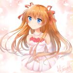  1girl alternate_costume anniversary bare_shoulders blue_eyes blush breasts clip_studio_paint_(medium) closed_mouth collarbone commentary_request cowboy_shot cropped_legs detached_sleeves dress dress_flower eyes_visible_through_hair floating_hair flower formal_clothes hair_between_eyes hair_ribbon happy highres jewelry kanon long_hair long_sleeves looking_at_viewer mitsuna necklace orange_hair pearl_necklace pleated_dress red_flower red_ribbon red_rose ribbon rose sawatari_makoto sidelocks signature simple_background small_breasts smile solo split_mouth strapless strapless_dress two_side_up very_long_hair white_background white_dress white_sleeves 