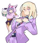  <|>_<|> 3girls :< absurdres adjusting_clothes adjusting_necktie animal_ear_hood animal_ears animal_hood animal_print arm_up artist_name bang_dream! bang_dream!_it's_mygo!!!!! belt belt_buckle black_belt black_gloves black_shorts blonde_hair blue_eyes blue_necktie blue_shirt blunt_bangs blush boots bourbunbun brown_belt buckle buttons cat_belt_buckle cat_ears cat_girl cat_print clenched_hands closed_mouth collared_shirt colored_sclera commentary contrapposto cosplay crossed_bangs diamond_wa_kudakenai english_commentary gloves hair_between_eyes half-closed_eyes hand_on_own_hip hands_up head_on_another's_shoulder heterochromia highres holding holding_detached_head hood hood_up hoodie jacket jojo_no_kimyou_na_bouken kaname_raana kemonomimi_mode killer_queen killer_queen_(cosplay) kira_yoshikage kira_yoshikage_(cosplay) leaf leaning_to_the_side long_sleeves looking_at_another looking_at_viewer looking_to_the_side medium_hair misumi_uika multicolored_necktie multiple_girls name_connection necktie no_sclera outline pants parted_lips pink_boots pink_hoodie print_necktie purple_eyes purple_hair purple_jacket purple_pants purple_suit raana_the_cat rectangular_mouth red_eyes red_necktie red_sclera severed_head shirt short_hair shorts sideways_glance simple_background slit_pupils standing stray_cat_(jojo) stray_cat_(jojo)_(cosplay) striped_clothes striped_shirt suit two-tone_shirt v-shaped_eyebrows white_background white_hair white_outline white_shirt wolf_cut yellow_eyes yellow_necktie yuutenji_nyamu 