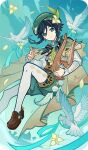  1boy aqua_eyes aqua_hair aqua_ribbon bad_source beret bird black_bow black_bowtie black_hair blue_sky bow bowtie braid brown_corset brown_shoes cape capelet cecilia_flower_(genshin_impact) closed_mouth cloud corset day dove falling_petals feathers floating_hair flower flying frilled_sleeves frills genius_invokation_tcg_(style) genshin_impact gradient_hair green_cape green_capelet green_hat green_shorts hair_between_eyes hair_flower hair_ornament hand_up hat holding holding_instrument holding_lyre instrument loafers long_sleeves looking_at_viewer lyre male_focus medium_hair multicolored_hair official_art outdoors pantyhose petals pom_pom_(clothes) puffy_shorts ribbon shirt shoes short_shorts shorts side_braids sky smile solo twin_braids two-sided_cape two-sided_fabric venti_(genshin_impact) white_flower white_pantyhose white_shirt windmill 