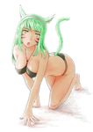  akiresu all_fours animal_ears bikini black_bikini breasts cat_ears facial_mark final_fantasy final_fantasy_xiv green_hair hairband hanging_breasts highres long_hair medium_breasts miqo'te open_mouth simple_background slit_pupils solo swimsuit white_background yellow_eyes 