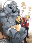  2boys alphonse_elric animal armor black_boots black_gloves black_jacket black_pants boots brothers cat closed_eyes coat commentary edward_elric full_armor fullmetal_alchemist gloves head_on_hand highres holding holding_animal holding_cat horns jacket military_uniform multiple_boys okbdko123 open_mouth pants plate_armor plume red_coat red_eyes shoulder_spikes siblings single_horn sitting spikes tongue tongue_out untranslatable_commentary white_gloves yawning 