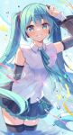  1girl aqua_eyes aqua_hair aqua_necktie aqua_trim arm_up armpit_crease black_skirt black_thighhighs blush breasts collared_shirt commentary_request detached_sleeves hair_between_eyes hair_ornament hatsune_miku hatsune_miku_(nt) highres layered_sleeves long_hair long_sleeves looking_at_viewer medium_breasts necktie official_alternate_costume piapro_studio pleated_skirt ribbon shirt skirt sleeveless sleeveless_shirt smile solo sumisaki_yuzuna teeth thighhighs twintails very_long_hair vocaloid white_shirt 