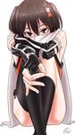  amino_(tn7135) bad_id bad_pixiv_id black_gloves blush brown_eyes brown_hair elbow_gloves fingerless_gloves gloves hair_ornament kantai_collection leg_hug looking_at_viewer remodel_(kantai_collection) scarf scarf_over_mouth sendai_(kantai_collection) short_hair signature simple_background sitting solo two_side_up white_background 