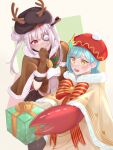  2girls antlers box bungo_yayoi christmas christmas_present commentary_request crab_claw deer_antlers eyepatch gift gift_box green_eyes grey_hair heaven_burns_red highres horns momono_12_w multiple_girls red_eyes short_hair yamawaki_bon_ivar yellow_eyes 