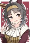  1girl absurdres ahoge animal_ears arnolddayo awkward black_hair brown_eyes commentary_request ear_covers hairband highres horse_ears horse_girl logotype_(umamusume) neckerchief nervous_sweating solo sweat sweatdrop umamusume v 