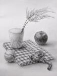  apple ball commentary_request cup faucet food fruit graphite_(medium) greyscale highres monochrome nene_man no_humans original reflection simple_background still_life tennis_ball traditional_media wheat 