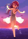  ass backless_dress backless_outfit bare_legs bare_shoulders barefoot blush cloud dress flat_ass from_behind horizon kinta_(distortion) leg_up long_hair looking_at_viewer looking_back original purple_eyes red_hair sky smile soles solo standing standing_on_one_leg sunset twilight wading water white_dress 
