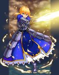  armor artoria_pendragon_(all) blonde_hair braid dress fate/stay_night fate_(series) glowing glowing_weapon green_eyes highres mushina_suzume saber solo sword weapon 