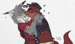 anthro black_heart blush brown_body brown_fur cross duo echo_(game) echo_(series) echo_project felid feline fur lynx male male/male mammal moodytanuki mustelid otter skull_shirt sydney_bronson teeth tj_hess white_body white_fur