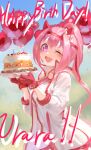  1girl animal_ears balloon blush bow breasts cake ear_bow ear_covers fingerless_gloves flower-shaped_pupils flower_in_eye food gloves happy_birthday haru_urara_(bestest_prize)_(umamusume) haru_urara_(umamusume) headband heart_balloon highres holding holding_plate horse_ears horse_girl horse_tail inishie_kumo jacket long_hair one_eye_closed open_mouth pink_eyes pink_hair pink_headband plate ponytail red_gloves red_headband shirt small_breasts smile solo symbol-shaped_pupils symbol_in_eye tail umamusume white_jacket white_shirt 