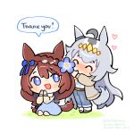  1girl 2girls ahoge animal_ears belt blue_eyes blue_pants blue_skirt blush bow braid brown_belt brown_coat brown_hair brown_shirt chibi closed_eyes coat commentary ear_bow english_commentary flower grey_hair grey_tail hair_between_eyes hair_flower hair_ornament heart horse_ears horse_girl horse_tail jacket long_hair long_sleeves multicolored_hair multiple_girls oguri_cap_(casual)_(umamusume) oguri_cap_(umamusume) open_clothes open_coat open_mouth pants shibedraws shirt shoes skirt smile socks speech_bubble streaked_hair super_creek_(casual)_(umamusume) super_creek_(umamusume) tail umamusume very_long_hair white_hair white_shirt white_socks 