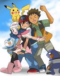  blue_eyes blue_hair brown_eyes brown_hair croagunk gradient gradient_background hainchu hikari_(pokemon) nintendo pikachu piplup pokemon satoshi_(pokemon) takeshi_(pokemon) 