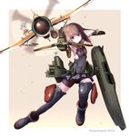  aircraft airplane ankle_boots b7a_ryuusei boots bow_(weapon) brown_eyes brown_hair crossbow fairy_(kantai_collection) grey_footwear headband headgear highres kantai_collection machinery panikuru_yuuto ryuusei_(kantai_collection) short_hair solo taihou_(kantai_collection) thighhighs uniform weapon zettai_ryouiki 