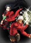  1girl archer archer_(cosplay) black_hair blue_eyes cosplay costume_switch dark_skin fate/stay_night fate_(series) highres role_reversal thighhighs toosaka_rin toosaka_rin_(cosplay) two_side_up white_hair zelretch_sword zettai_ryouiki 