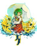  1girl ascot blue_outline boots bumi35903802 chinese_commentary collared_shirt commentary_request flower full_body green_hair highres holding holding_umbrella kazami_yuuka long_sleeves looking_at_viewer open_mouth outline plaid_clothes plaid_skirt plaid_vest red_eyes red_skirt red_vest shirt short_hair skirt smile solo standing sunflower touhou umbrella vest white_background white_shirt yellow_ascot yellow_outline 