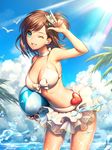  artist_name ball bangs bare_arms bare_shoulders beachball bikini bikini_skirt bird bow_bikini breasts brown_hair cleavage cloud cowboy_shot day flower green_eyes grin hair_flower hair_ornament heart holding holding_ball large_breasts leaning_forward light_rays looking_at_viewer metto navel one_eye_closed one_side_up original outdoors palm_tree seagull see-through short_hair sky smile solo sparkle splashing strap_gap summer sunbeam sunlight swimsuit tree w water water_drop 
