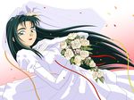  absurdres blue_eyes bouquet bridal_veil confetti derivative_work dress elbow_gloves flower gloves green_hair hair_flower hair_ornament highres lipstick long_hair makeup makibi_kiyone red_lipstick sasase solo tenchi_muyou! veil wedding_dress white_dress white_gloves 