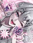  1boy ;d blue_eyes collared_shirt commentary_request double-parted_bangs grey_hair hair_between_eyes hair_ornament highres kaminoq looking_at_viewer male_focus notice_lines one_eye_closed open_mouth original piercing pink_background portrait shirt short_hair sideways smile solo tongue_piercing watermark white_shirt x_hair_ornament 