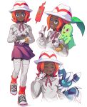  1girl absurdres alternate_costume alternate_skin_color arnaud_tegny bracelet bucket_hat chikorita closed_mouth commentary dark-skinned_female dark_skin double_v eyelashes fishnet_pantyhose fishnets gloves grey_eyes harmony_(pokemon) hat highres jewelry meowstic meowstic_(male) orange_hair orange_socks pantyhose partially_fingerless_gloves pokemon pokemon_(creature) pokemon_legends:_z-a pokemon_on_arm purple_skirt ribbed_socks rotom rotom_phone shoes skirt smile sneakers socks v white_gloves white_hat 